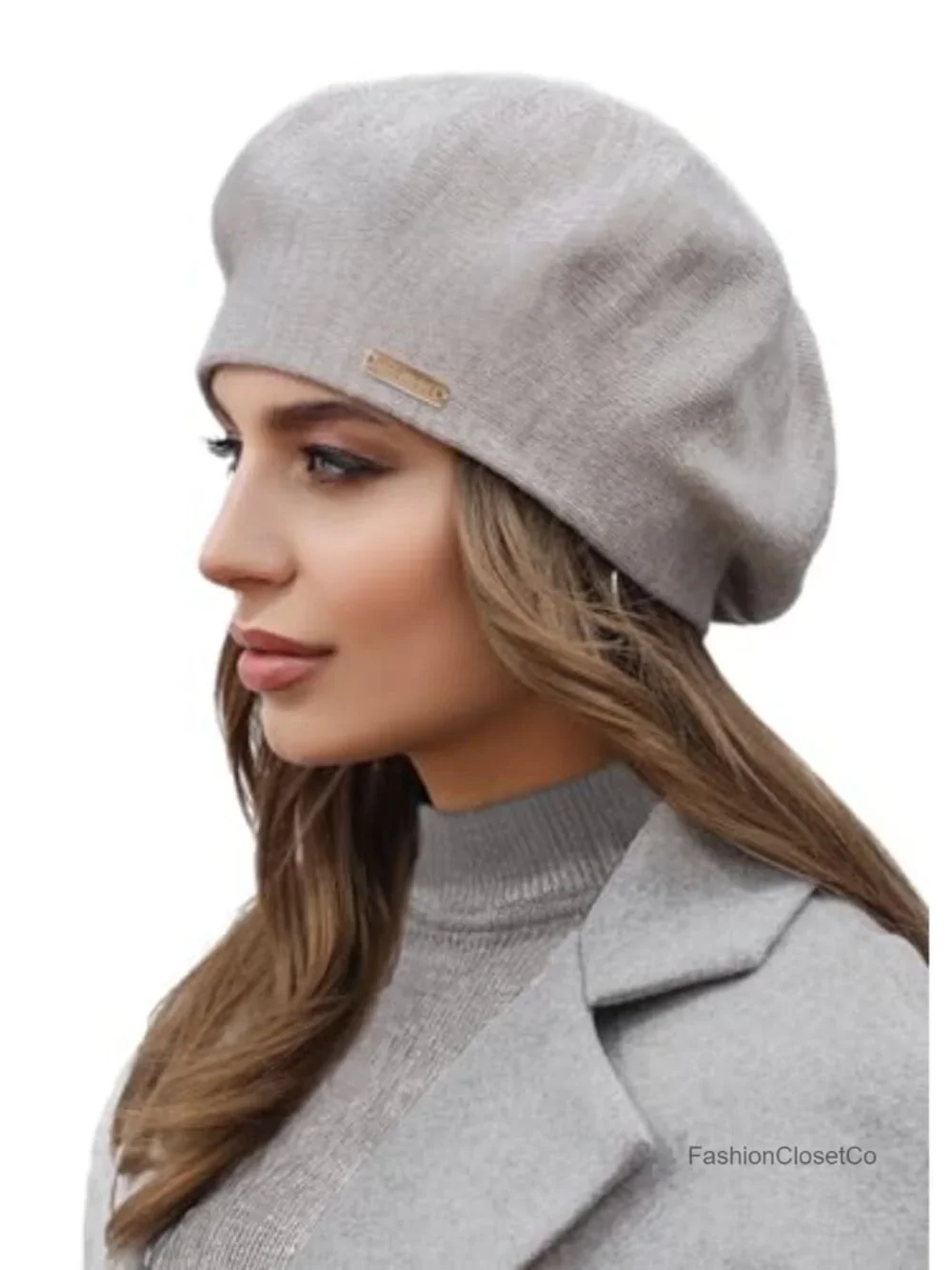 Wool Angora Knit Beret with Fleece Lining - Winter Hat